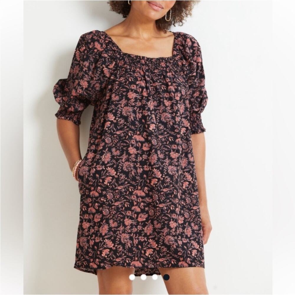 Evereve Roan + Ryan Scarlett Square Neck Black Pink Floral Dress Size Small